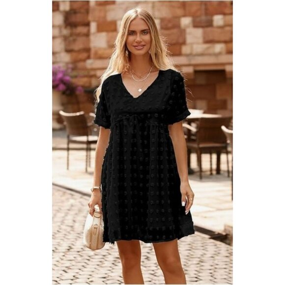 Womens Black Babydoll Short-Sleeve Boho Skater Dress Swiss Dot Pattern Size Med - Picture 4 of 11